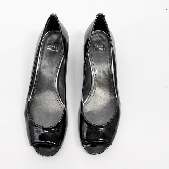 Stuart Weitzman Black Patent Leather Peep Toe Wedge Pumps Size 10.5 M - Picture 2 of 13